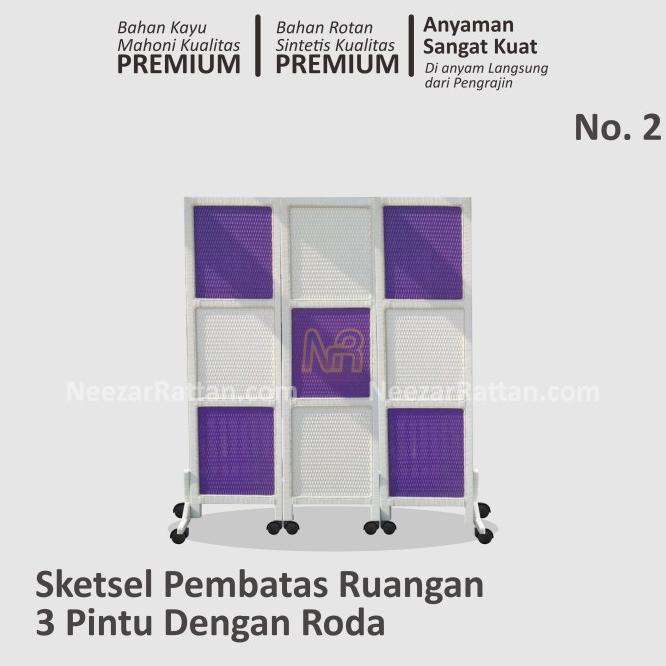 Sketsel Partisi Pembatas Penyekat Ruangan 3 Pintu Pakai Roda