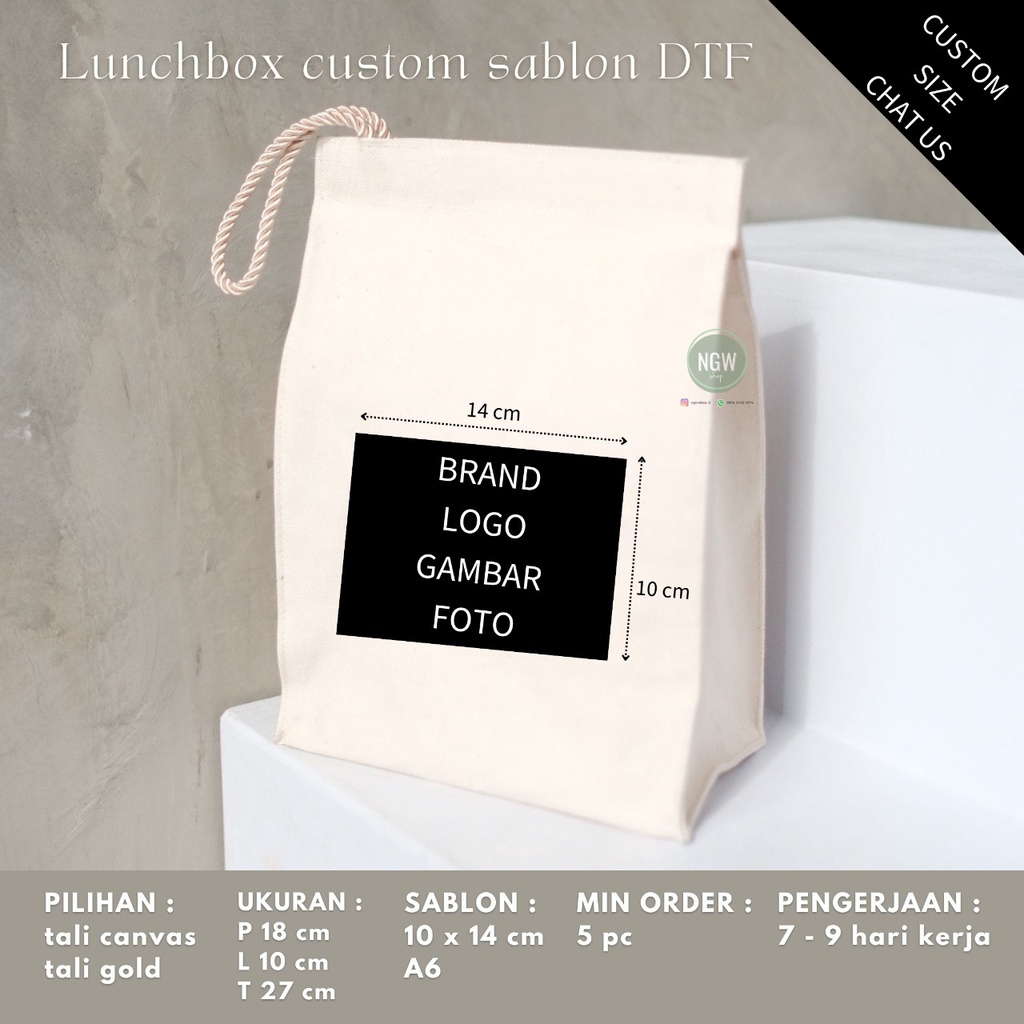 Lunchbox bag canvas 18x10x27cm custom sablon digital hampers goodie bag