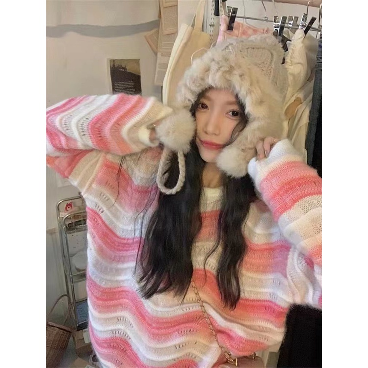 Terbaru Sweater Rajut Wanita Lengan Panjang Pullover Leher Bulat Korea Retro Knitwear Longgar Sweater Bergaris