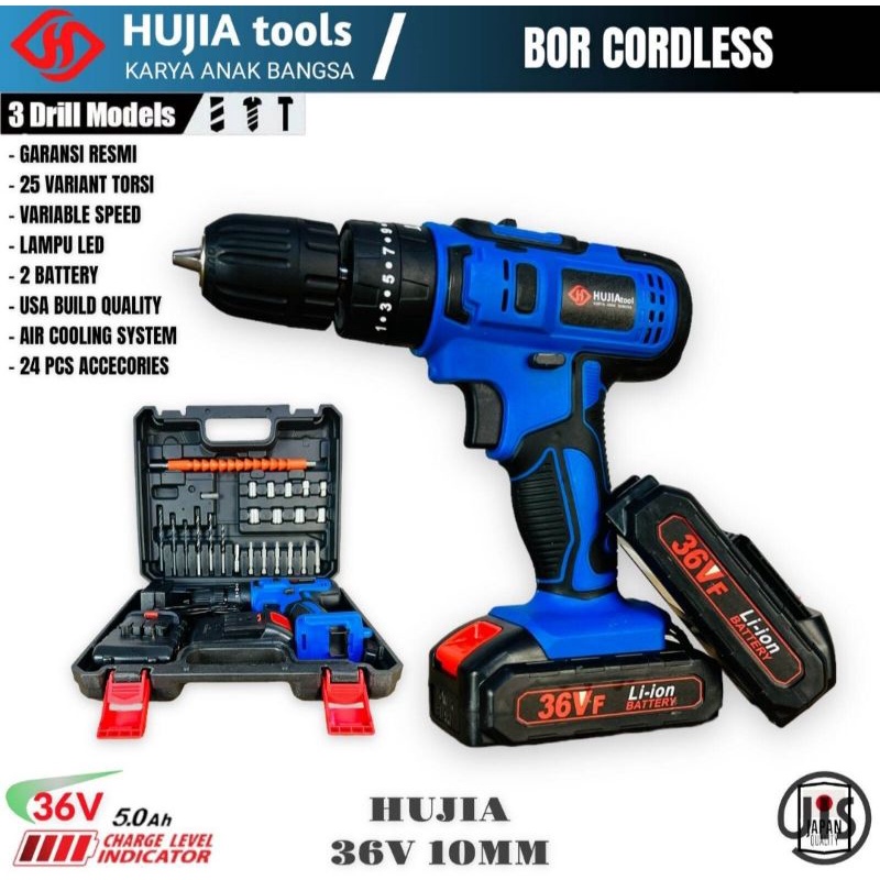 Bor cordless 36v 10mm HUJIA type 1036 mesin bor baterai impact drill kualitas makita