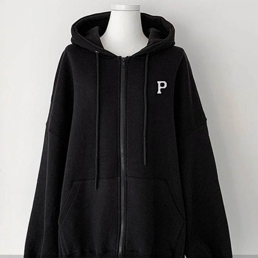 Jacket Hoodie Zipper Initial P Oversize - Bahan Fleece - Size XXL