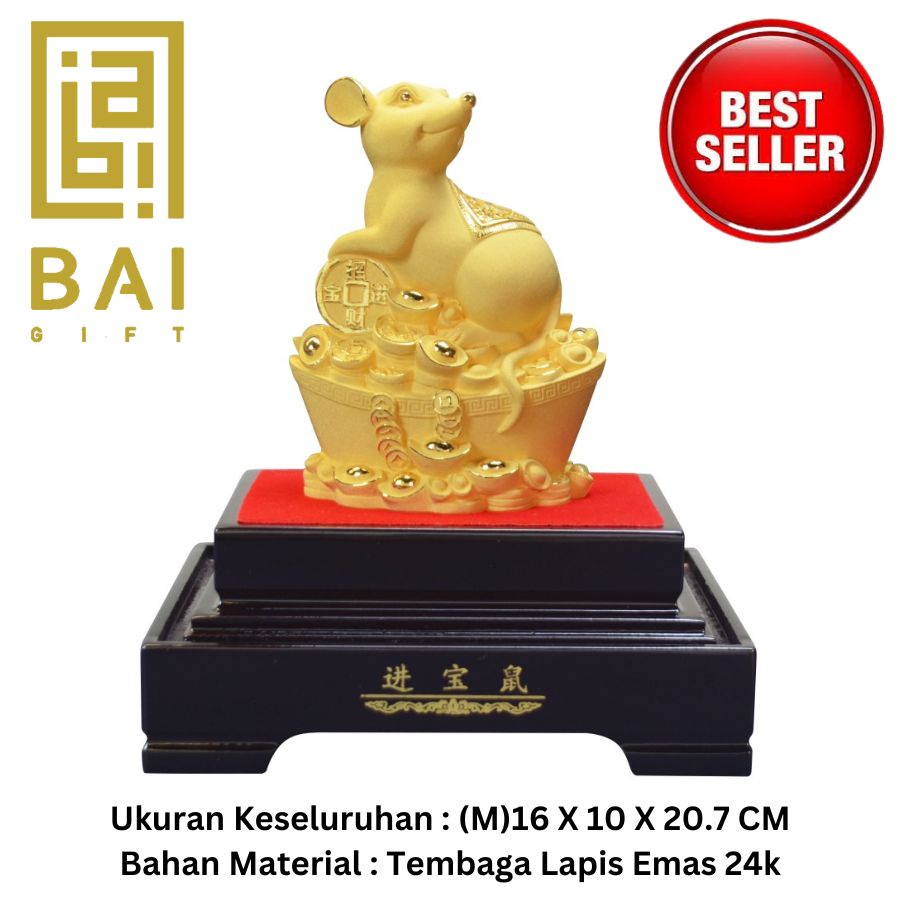 BAI GIFT Patung Shio Tikus Koin Lapis Emas 24K Pajangan Shio Tikus Patung  Shio Tikus - M 160x100x20