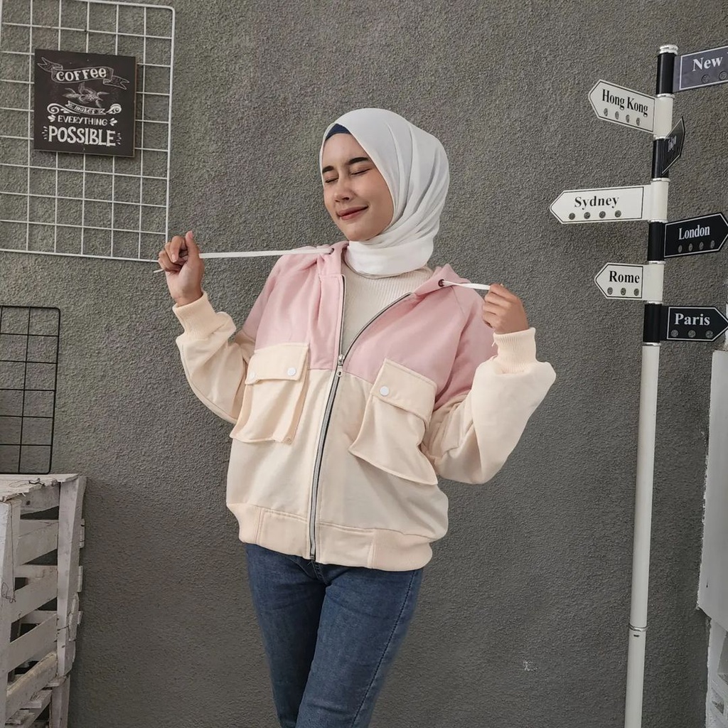 TWO TONE POCKY Jacket Sweater Wanita Oversize Hoodie Zipper Pakaian Terbaru Fashion Terkini Korean Style Kasual Street Style