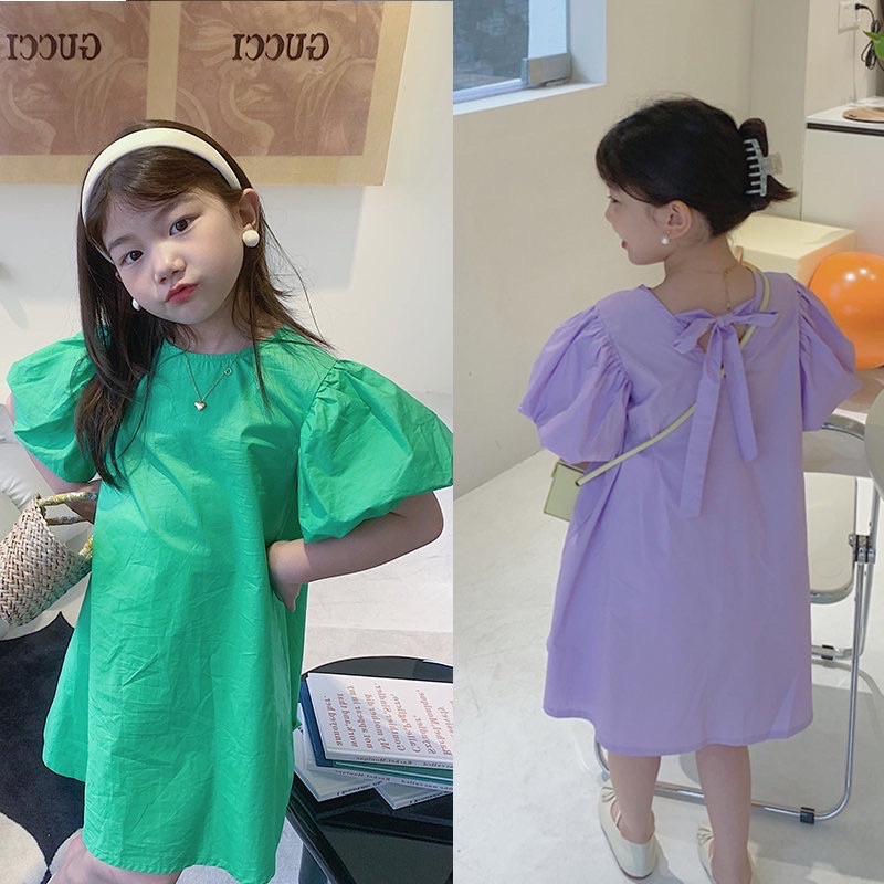 Lilac & Green Balloon Dress (1-6Y) korean style kids dress