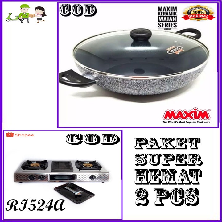 MAXIM CERAMIC WOK 30 CM TUTUP KACA ORI + KOMPOR RI 524A BERGARANSI RESMI