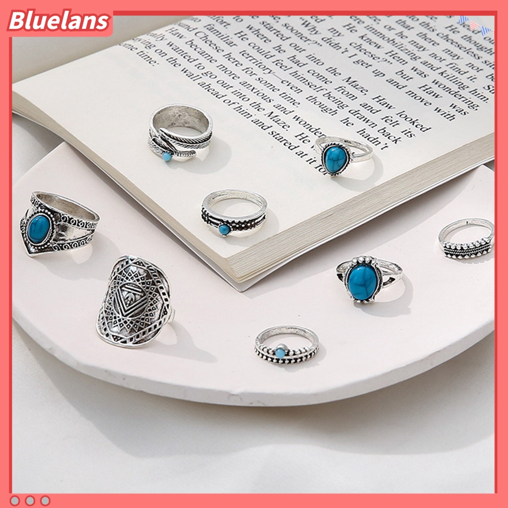 Bluelans 8Pcs Cincin Knuckle Desain Daun Hias Turquoise Imitasi Gaya Bohemian Untuk Pria / Wanita