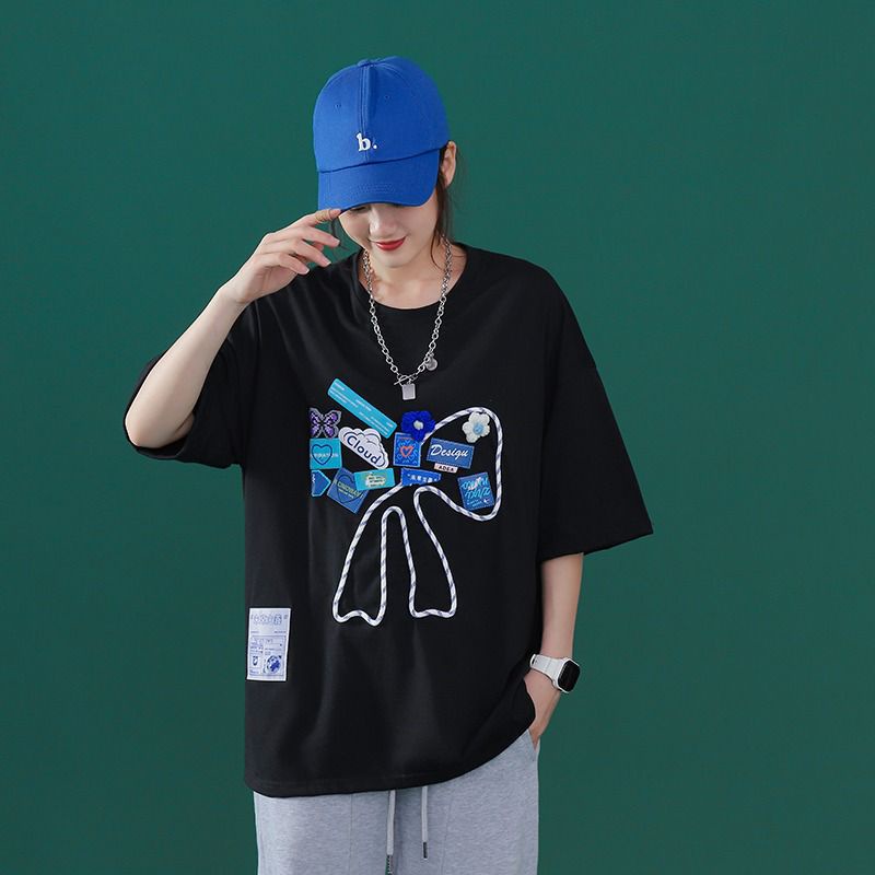 [littlecrab] Kaos Oversize Outline Pita Biru Putih Design Awan Bunga Kupu-Kupu Bordir T-shirt Couple Unisex Lembut Berkualitas Motif Cloud Flower Blue White Unik Korean Style