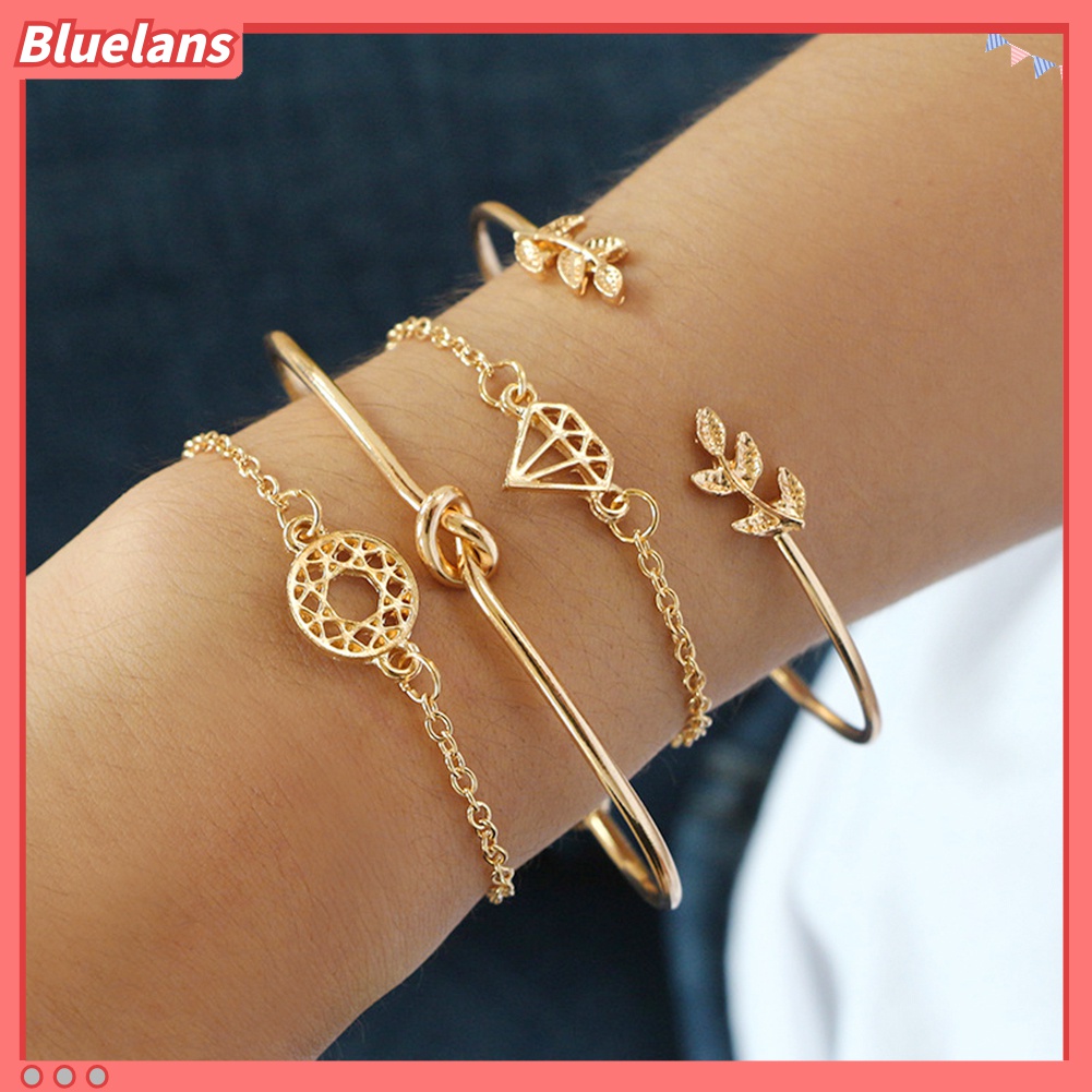 4pcs / Set Gelang Bangle Model Terbuka Bentuk Daun Simpul Berlian Gaya Retro Untuk Wanita