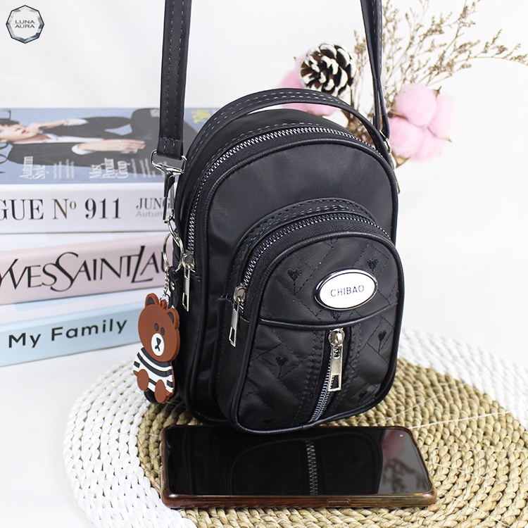 Luna Aura Tas Ransel Mini Wanita 3in1 Parasut Nilon Bordir Slingbag Wanita Kekinian Tas Slempang Wanita Tas ootd-Hitam