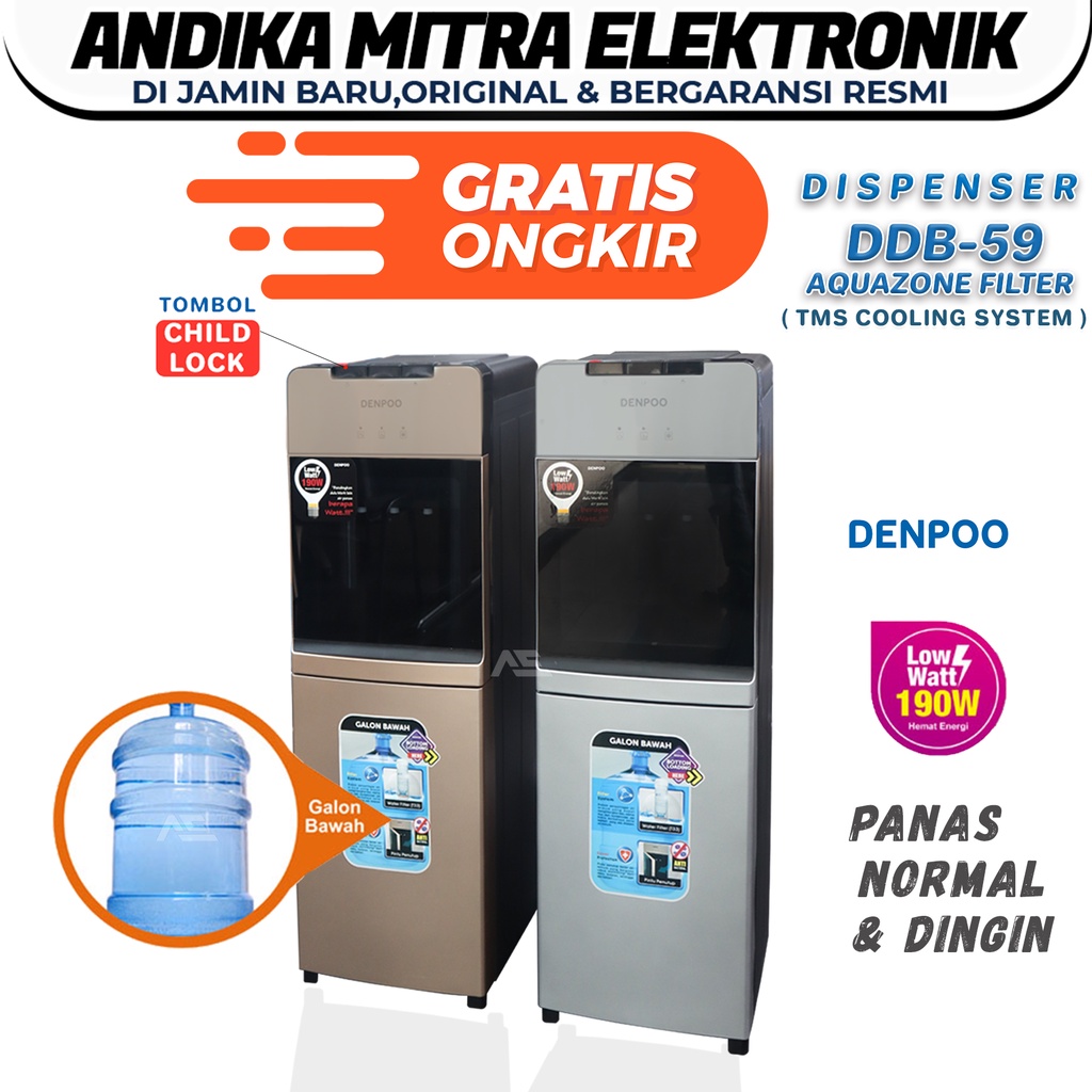 DISPENSER DDB 59 AQUAZONE GALON BAWAH PIPA STAINLESS FILTER 190 WATT COOLING SYSTEM