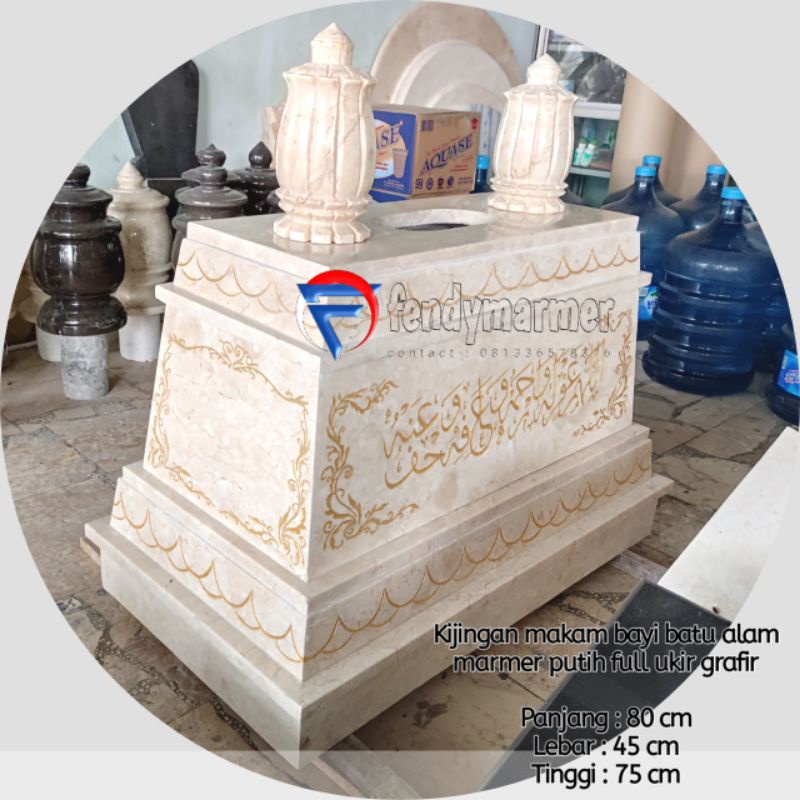 Kijingan makam anak/bayi batu alam marmer putih full grafir 80x45