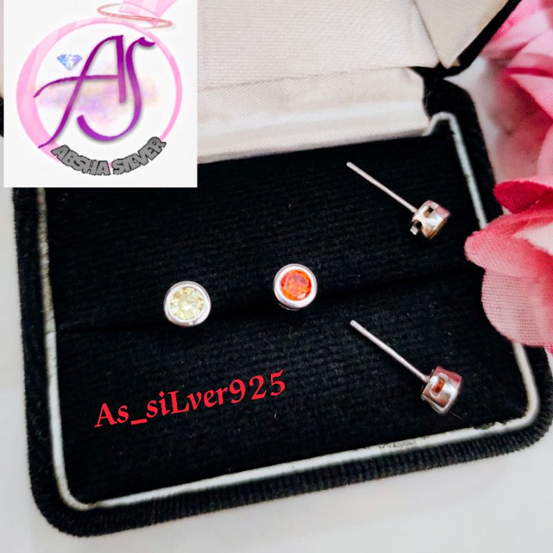 GIWANG/ANTING TUSUK PERAK MATA WARNA MODEL BULAT POLOS ASLI SILVER 925 LAPIS MAS PUTIH_GIWANG MATA B