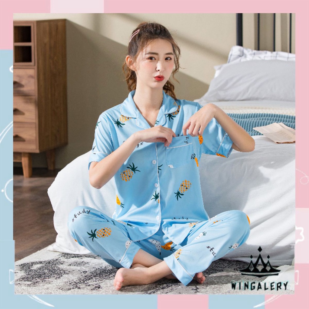 WINGALERY Baju Tidur Wanita Setelan Piyama Motif Kartun Lucu Lembut Fit to L 4074