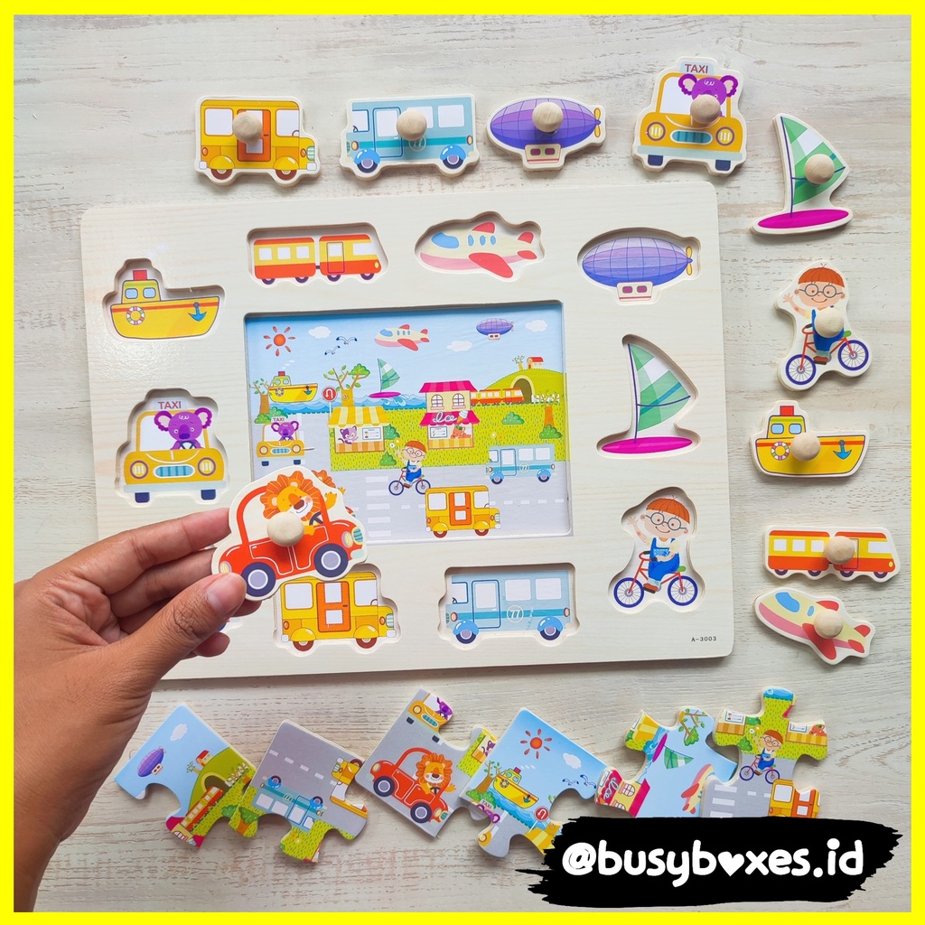 Busyboxes.id Mainan anak edukasi anak 1 2 3 tahun laki laki perempuan mainan edukasi Montessori puzzle jigsaw 3d kayu  kendaraan transportasi  seri -  6 keping