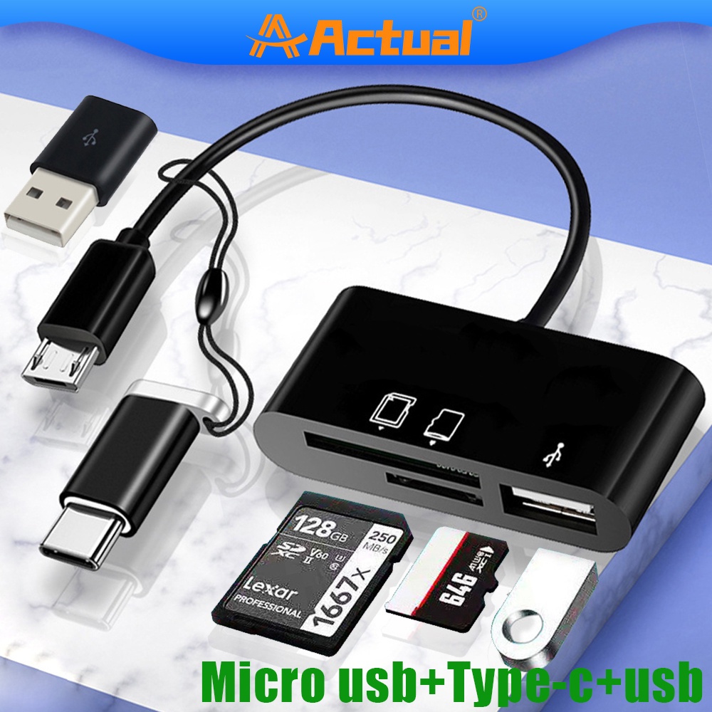 Actual Card Reader 3 in 1 OTG Type-C Micro SD/TF Flash Drive Card Reader Data Reader Cable Card Reader Adaptor Laptop Data Transfer