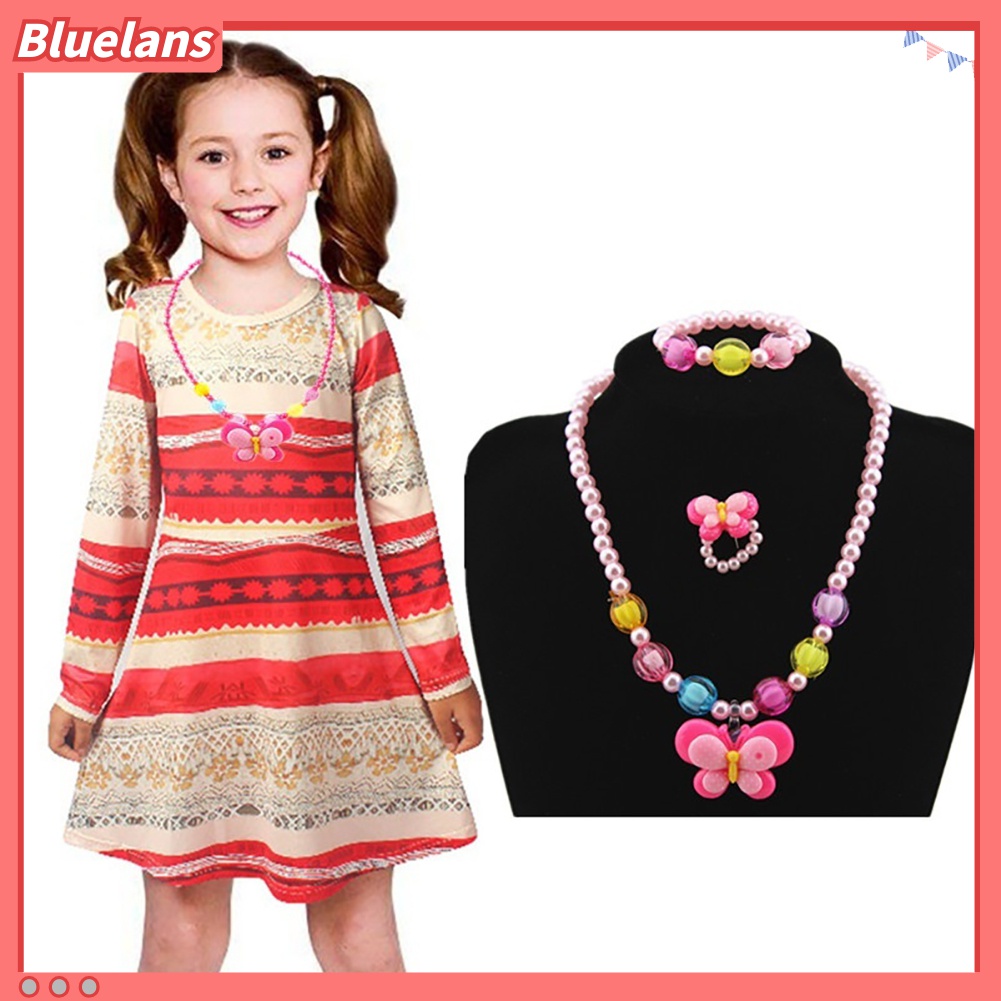 Bluelans 3Pcs / Set Perhiasan Kalung Gelang Cincin Manik-Manik Kupu-Kupu Bebek Kuning Untuk Anak Perempuan