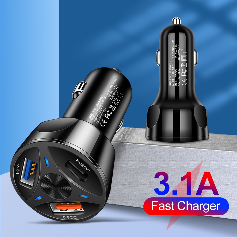 Pd 20W Charger Mobil QC 3.0 3.1A USB Tipe C Telepon Fast Charger USB C Car Charger Quick Charge 20W Tipe C PD Fast Car USB Charger Di Mobil