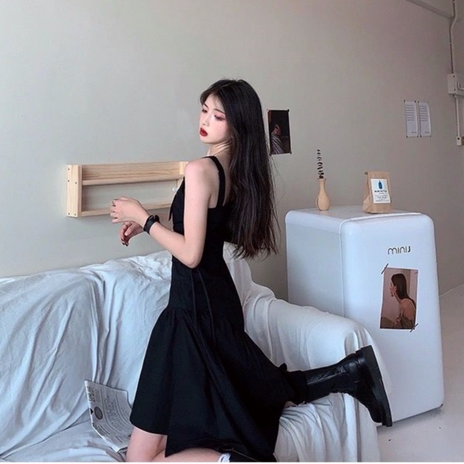 NICO##DRESS HITAM PENDEK/HEPBURN GAYA SLIP GAUN WANITA BARU RASA DESAIN PINGGANG DIKENDALIKAN RENDA HITAM