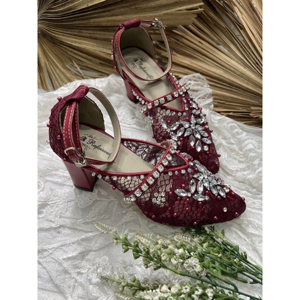 sepatu wedding wanita siyren merah marron 7cm tahu