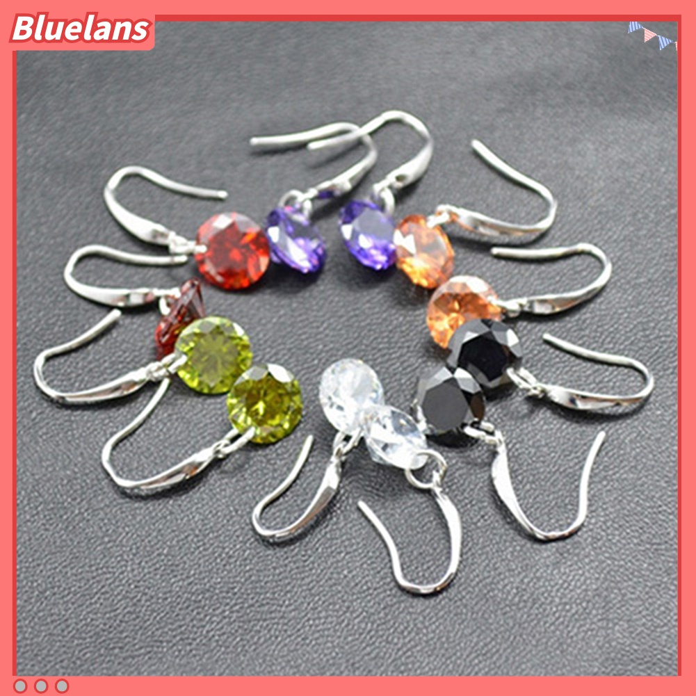 Anting Hook Silver Plated Bentuk Bulat Aksen Berlian Imitasi Untuk Wanita