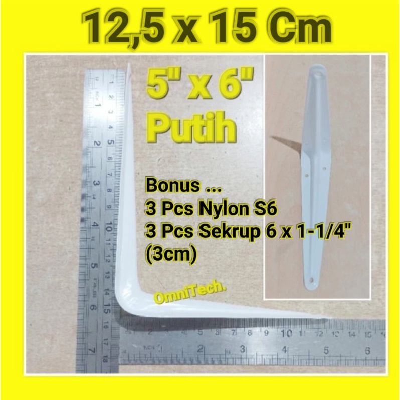 "1 pc" Siku Rak L 12,5 x 15 cm Dinding Tembok 5" x 6" Set Bonus Nylon & Sekrup Shelf Bracket 5x6