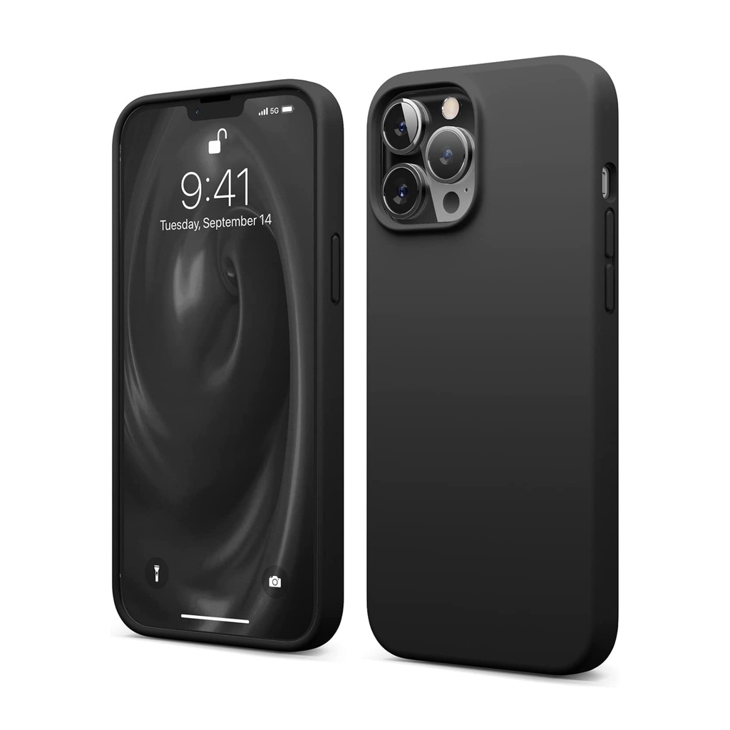 Liquid Silicone Case iPhone 14 14+ 14Pro 14Promax 13 13Pro 13Promax 12 12Pro 12Promax Silikon Casing Full Cover Body Screen Camera Protective, Shockproof, Slim Phone TPU Anti Scratch Soft Microfiber Lining Black Hitam Gelap Tipis Pro Max Promax Plus Mini