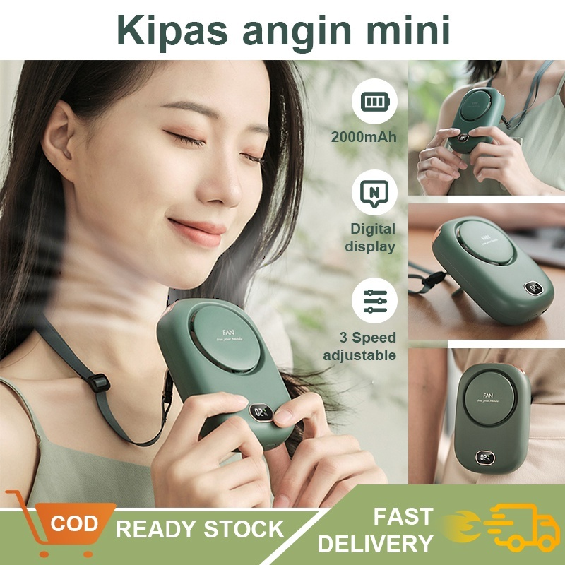 CORN Kipas Angin Mini Portable Model Gantung Leher Neck Fan 2000mAh 3 Speed Charge Usb Rechargeable LED Dispaly