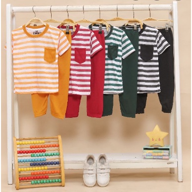 Kiano set salur motif Garis baju kaos anak laki laki perempuan unisex