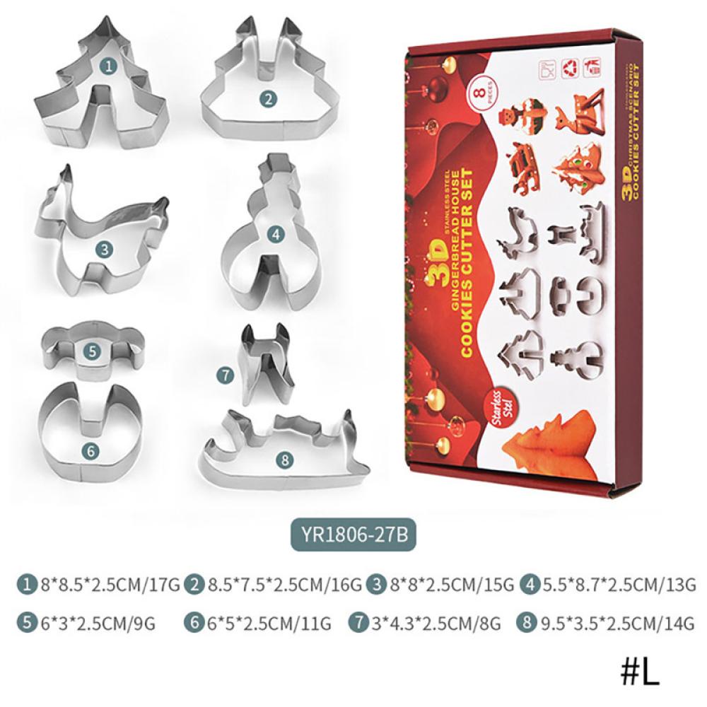 Timekey 8pcs / Set Cetakan Pemotong Biskuit / Cookies Bentuk Snowman / Pohon Natal 3D Bahan Stainless Steel O4V5