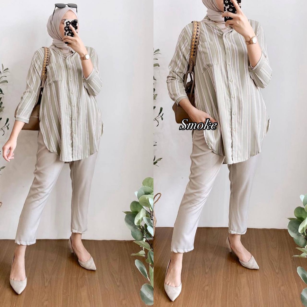 Nareya Set - One Set Wanita Kemeja Pelangi Shakila Twill Premium Setelan Baju Lengan 7/8 Set Celana Panjang Kekinian LD 110 cm