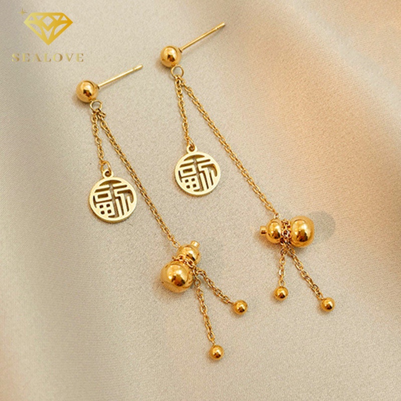 Anting Titanium Korea panjang liontin FU Emas 18K Anti Karat dan anti luntur asli Aksesoris Perhiasan Wanita