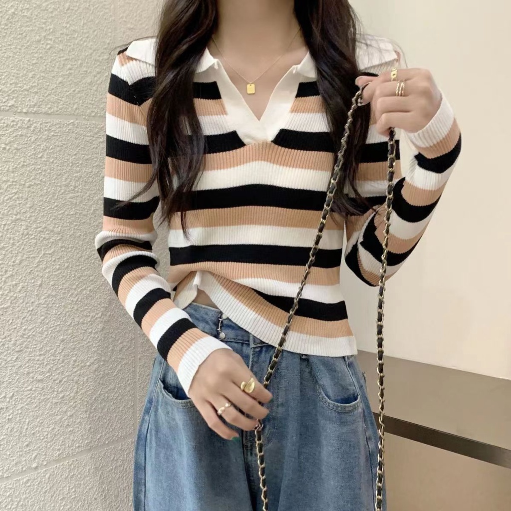 Rajut Stripe Shirt Wanita Baju Garis Garis Wanita Lengan Panjang