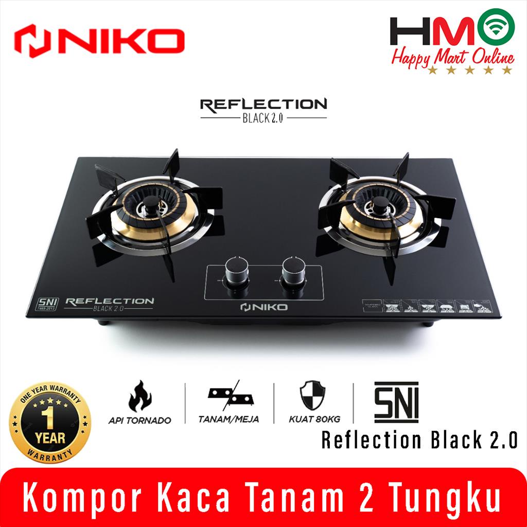 Kompor Kaca 2 Tungku Tanam Niko Reflection Black 2.0 Kompor Gas Tanam Niko Reflection 2