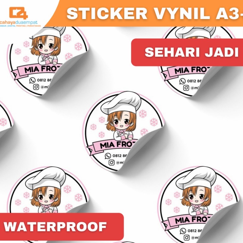 

Cetak Stiker Label Bahan Vinyl (Waterproof) Ukuran A3 Plus Cutting