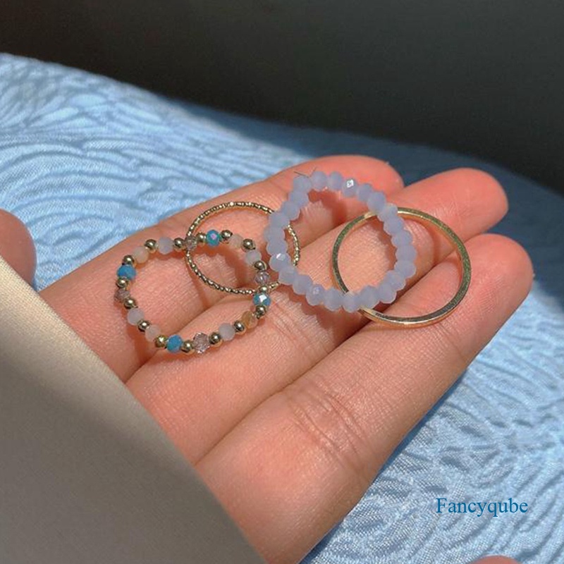 Fancyqube 4pcs / Set Cincin Elastis Hias Manik-Manik Gaya Vintage Untuk Wanita