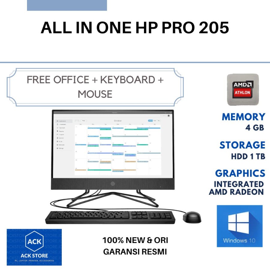 AIO HP PRO 205 F4 A3050U AMD A3050u 4GB 1TB WIN10 21.5" FHD