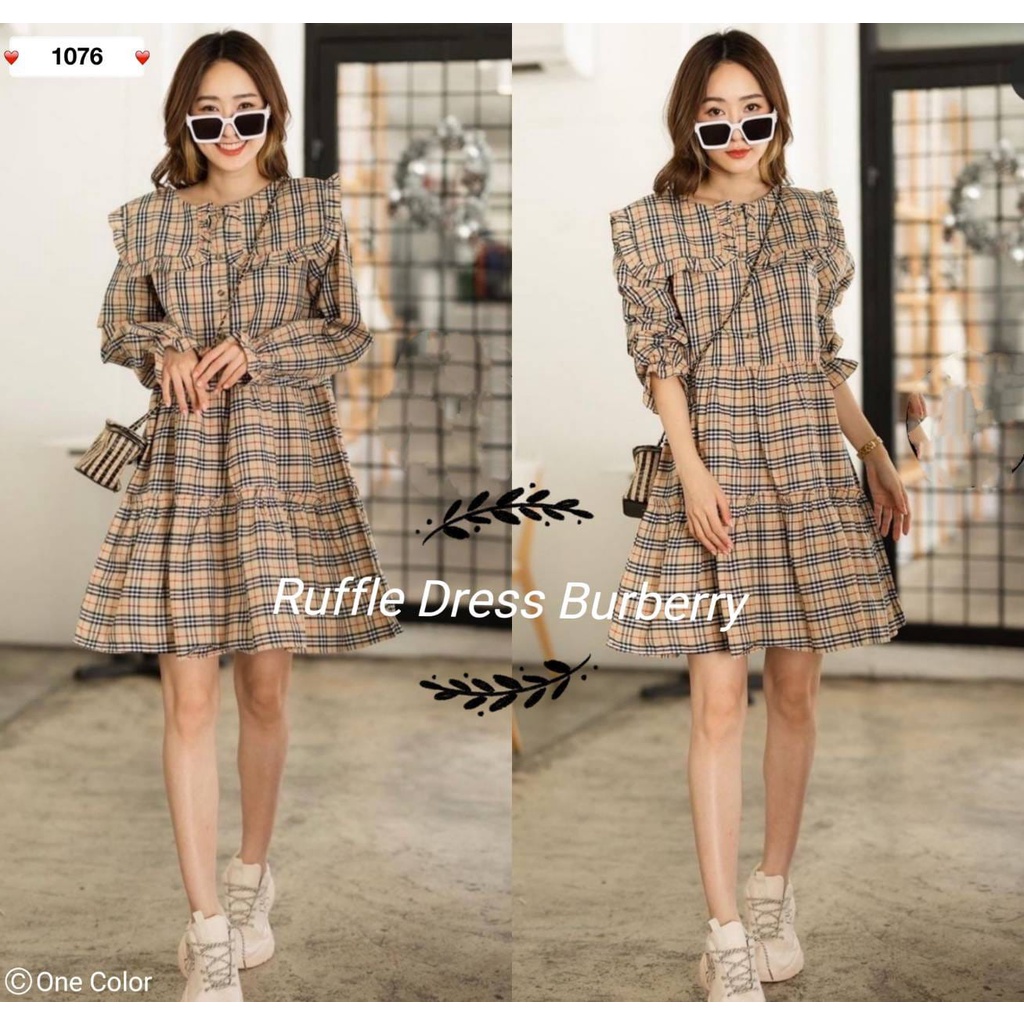 C17 Ruffle Dress Burberry 1076 Dress wanita  motif kotak trendy