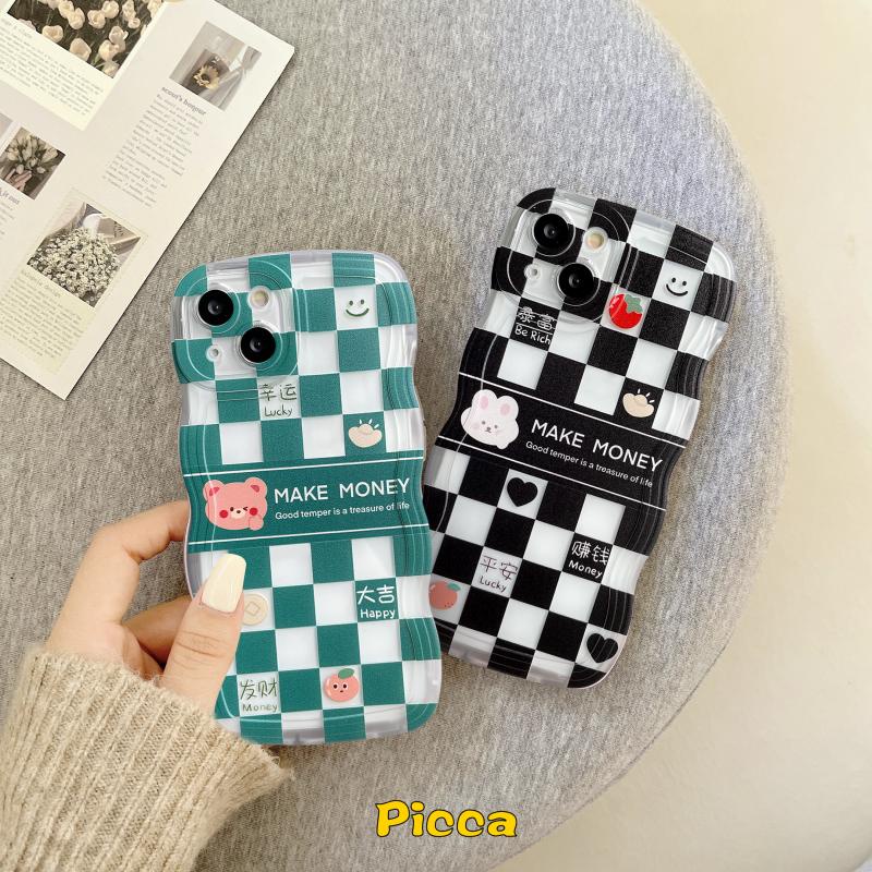 Pasangan Sederhana Kotak-Kotak Beruang Kelinci Case Redmi 12C 9T 10 9 9A 10A 9C NFC Redmi Note9 Note8 Note 11s Note 10s 11 10 Note 10 Pro Max Plus Tepi Bergelombang Shockproof Soft Tpu Back Cover