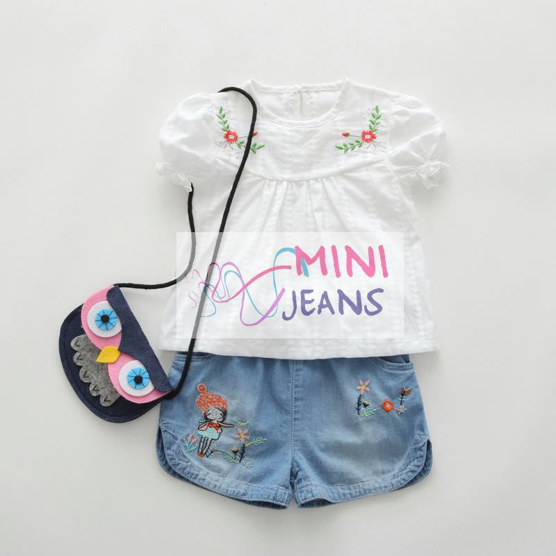 Setelan Anak Perempuan Import Atasan Bordir Putih Celana Hotpant Jeans