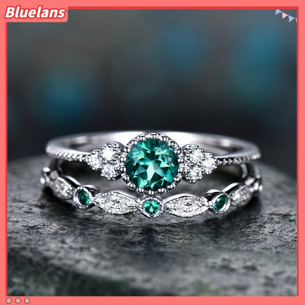 2pcs / Set Cincin Cubic Zirconia Bentuk Bulat Untuk Wanita