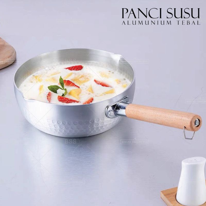 panci mie rebus aluminium tebal 20cm gagang kayu anti lengket / panci susu gagang kayu alumunium tebal milkpot saucepan yukihira marble hitam Tebal 16cm 18cm 20cm