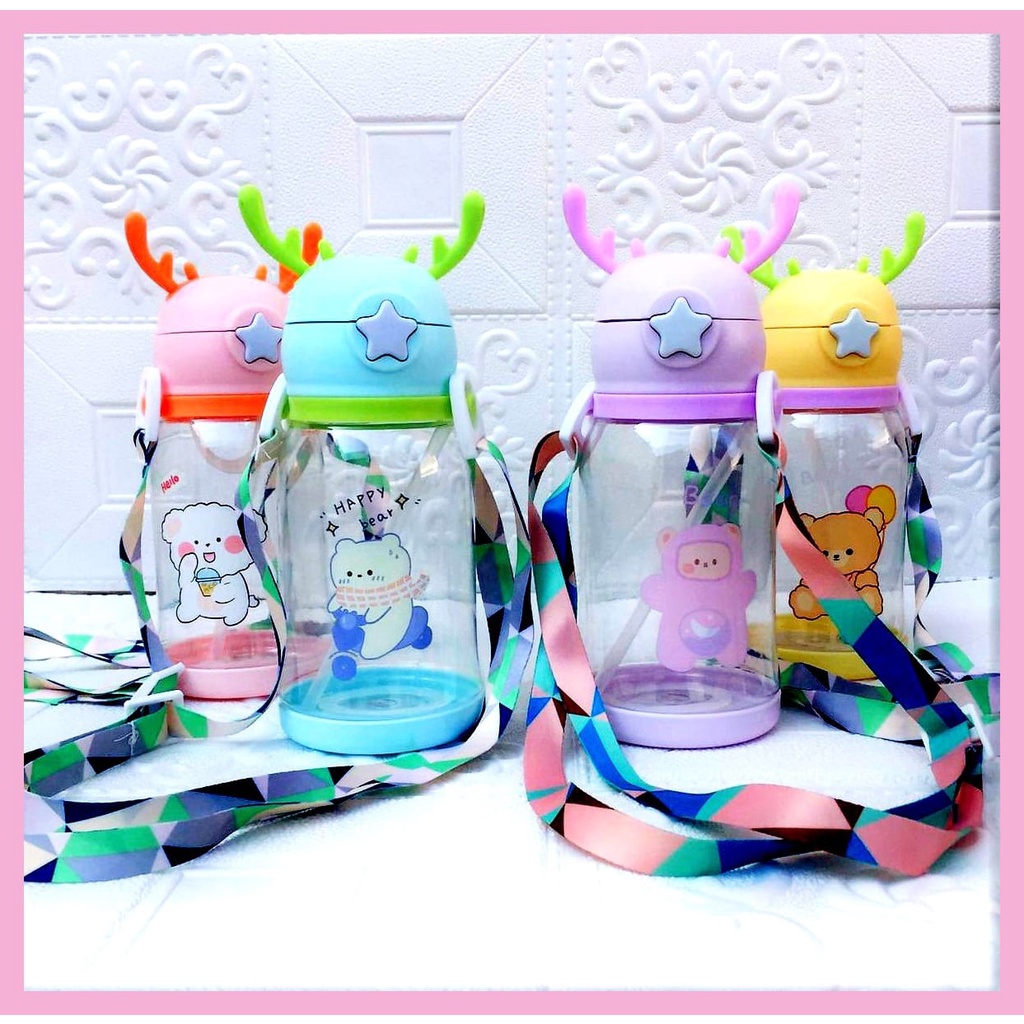 Botol Minum Tanduk Rusa Tali Sedotan Anak Sekolah PG TK SD 600 ML BPA Free