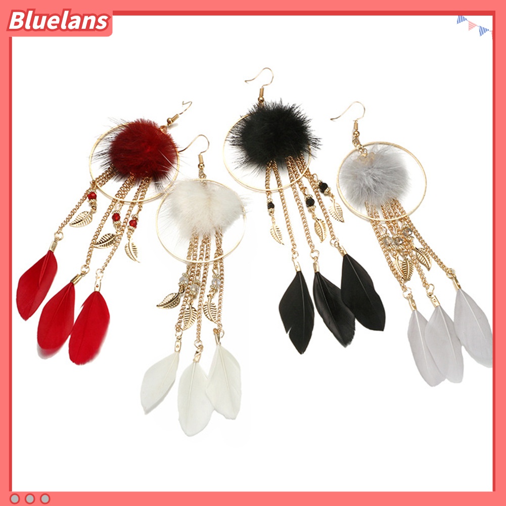 Anting Kait Gantung Panjang Desain Daun + Bulu Untuk Wanita