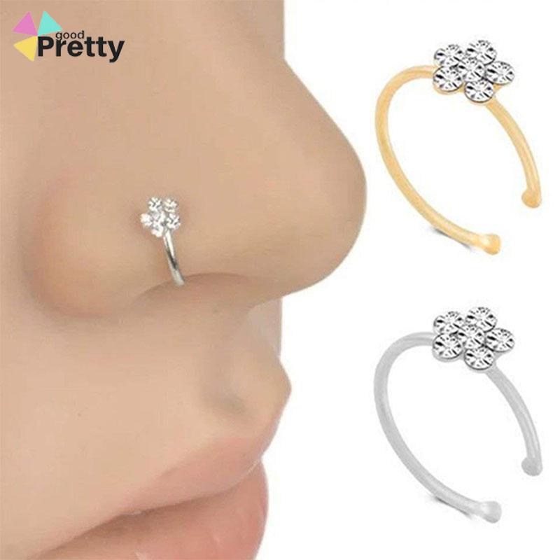 Cincin Stud Desain Bunga Plum Aksen Berlian Imitasi Sparkly Gaya Punk Untuk Hidung - PD