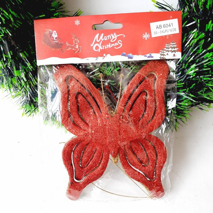 Hiasan Natal Kupu Kupu Dekor isi 3 Hiasan Parcel Pohon Natal Butterfly Merah Gold Harga Grosir Termurah