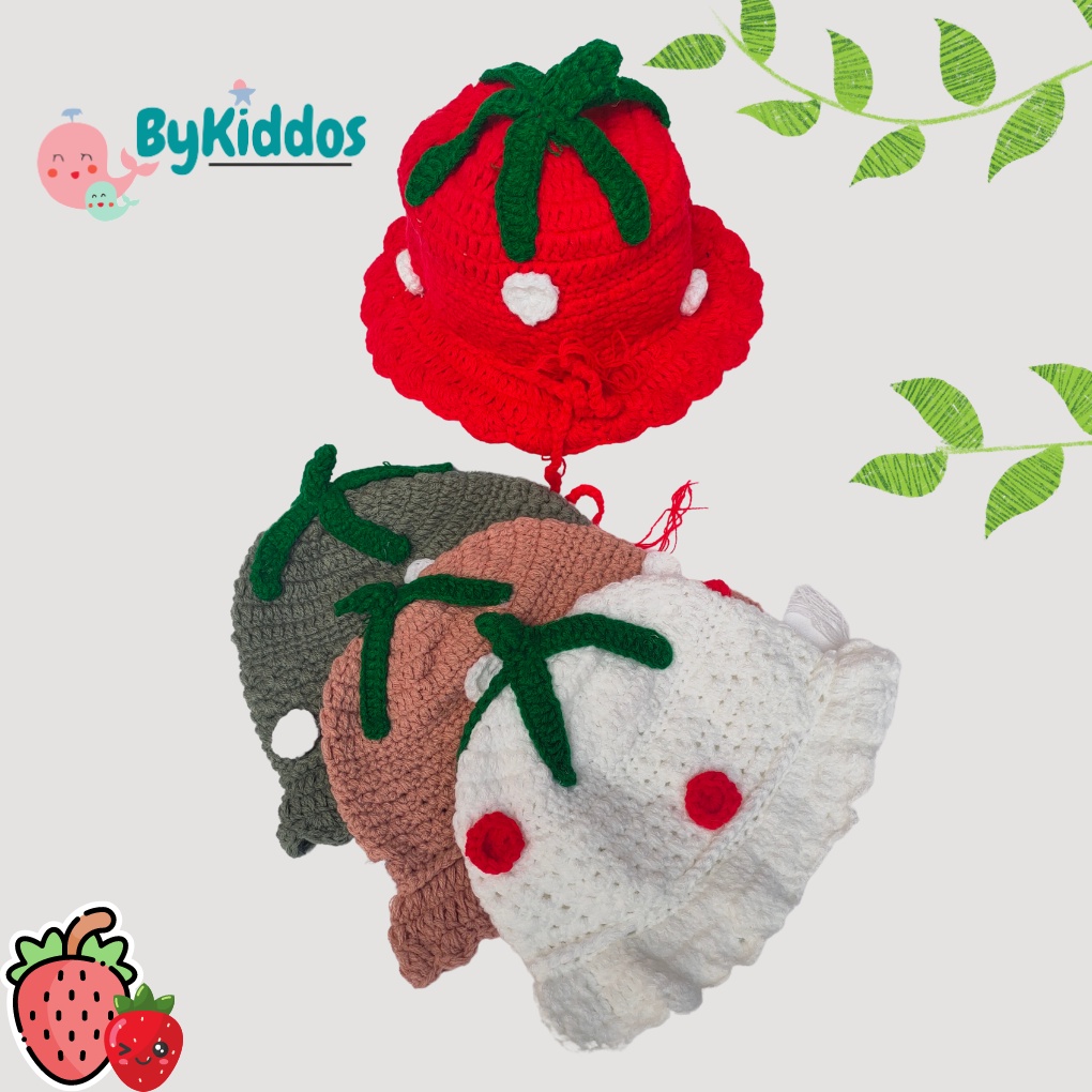 ByKiddos - Strawberry Bucket Hat Topi Strawberry Crochet Rajut Handmade Cute Aesthetic