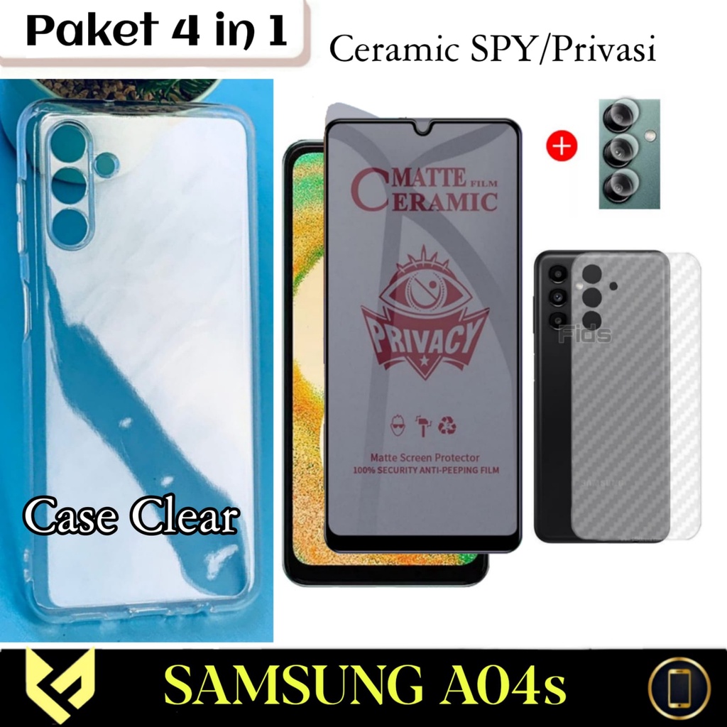 PROMO Paket 4IN1 Case Samsung A04s Soft Case Clear Jelly HD Free Tempered Glass Full Layar &amp; TG Camera &amp; Garskin Carbon | Anti SPY Anti Blue light  Ceramic Privasi