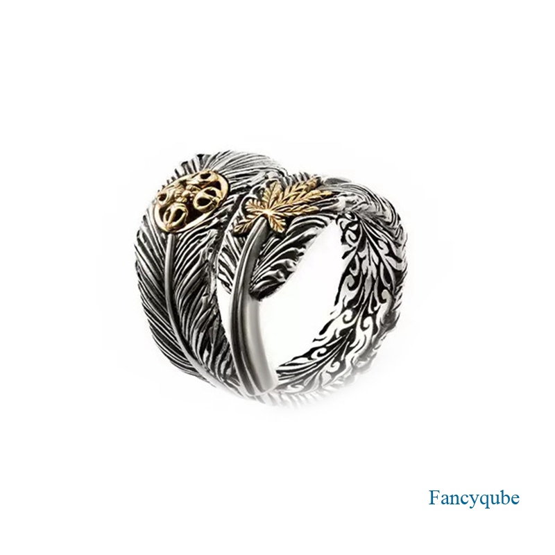 Fancyqube Cincin Model Terbuka Desain Bulu Warna Silver / Gold Gaya Retro Vintage Untuk Pria