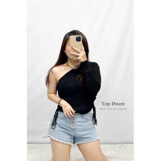 MDLV TOP DWEN RAJUT TOP ONE SHOULDER CROP SERUT RAJUT ATASAN CROP SEXY KOREA TERBARU FASHION WANITA