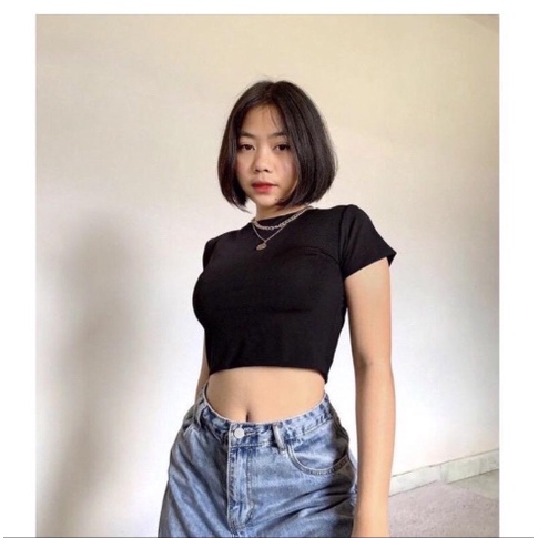 FC - Kaos Crop Top Turtle Neck Double Layer / Crop Top Polos / Crop Top Wanita